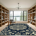 Navy Blue Cream Floral Damask Medallion Rug
