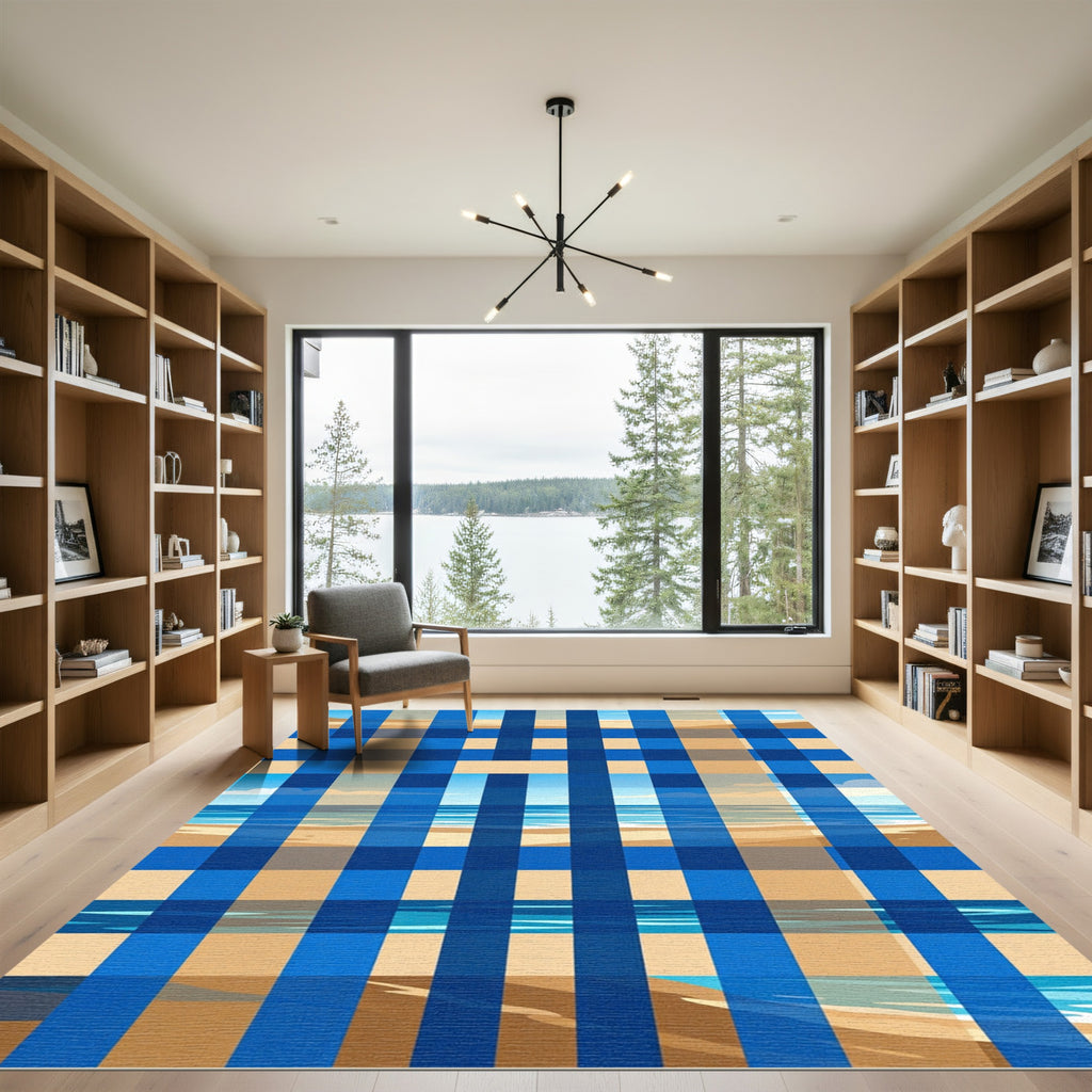 Coastal Blue Oversized Plaid Beachscape Rug