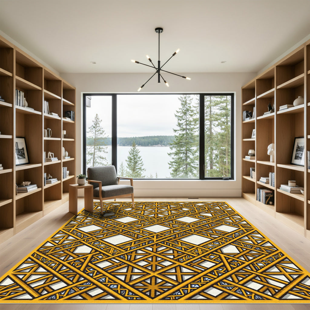 Golden Lattice Geometric Intersecting Linear Art Rug