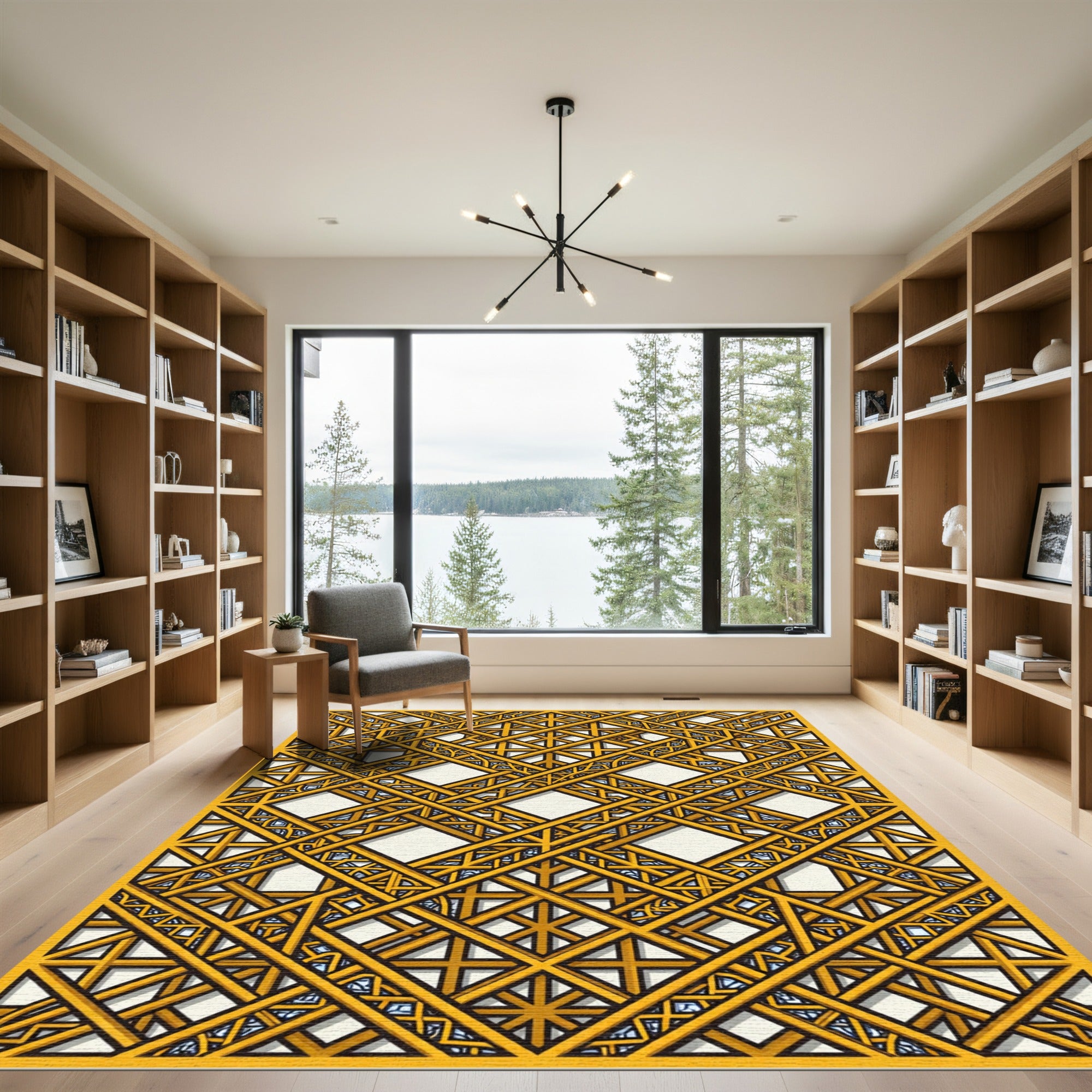 Golden Lattice Geometric Intersecting Linear Art Rug