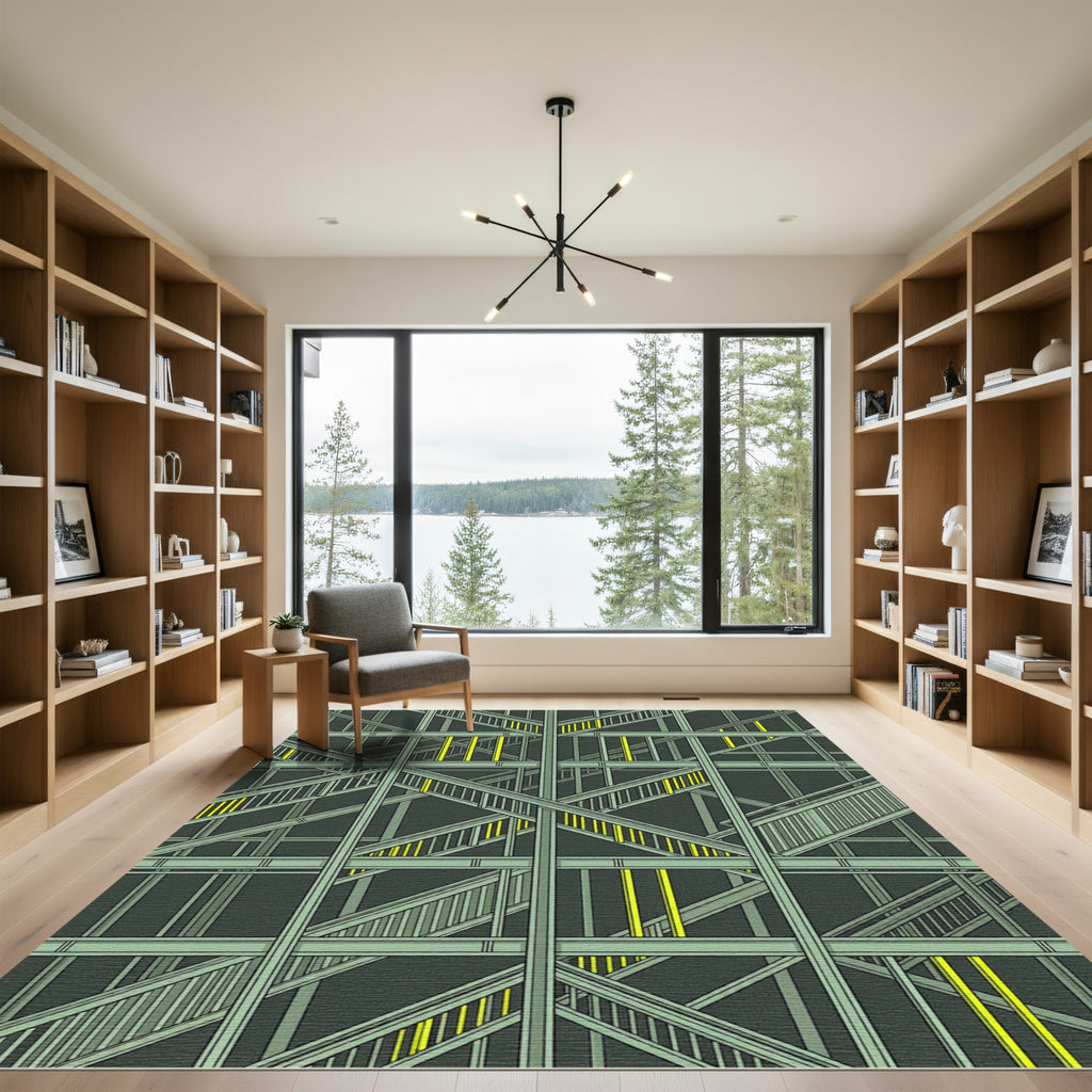Industrial Green Geometric Staircase Array Rug