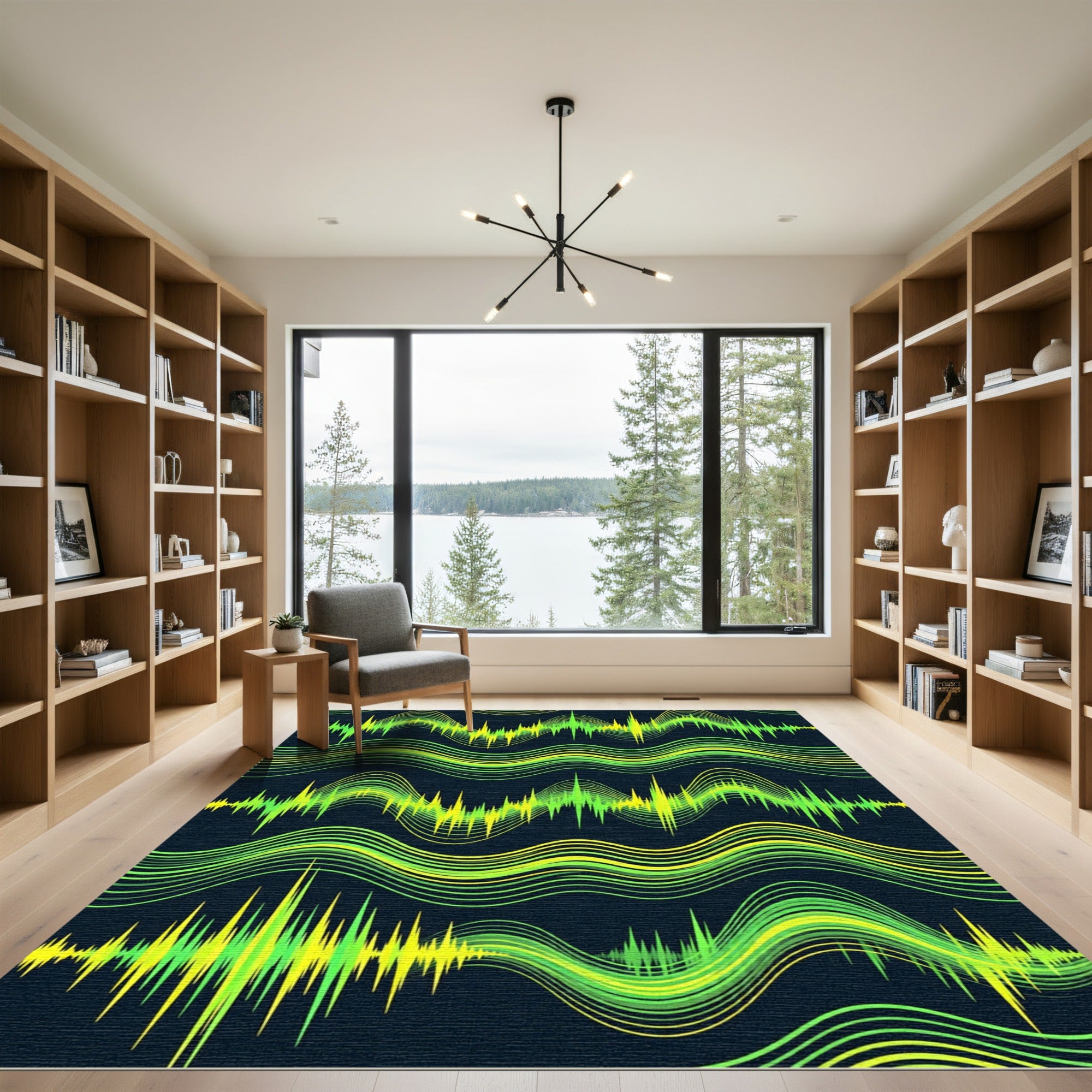 Vibrant Lime Green Waveform Lines Rug