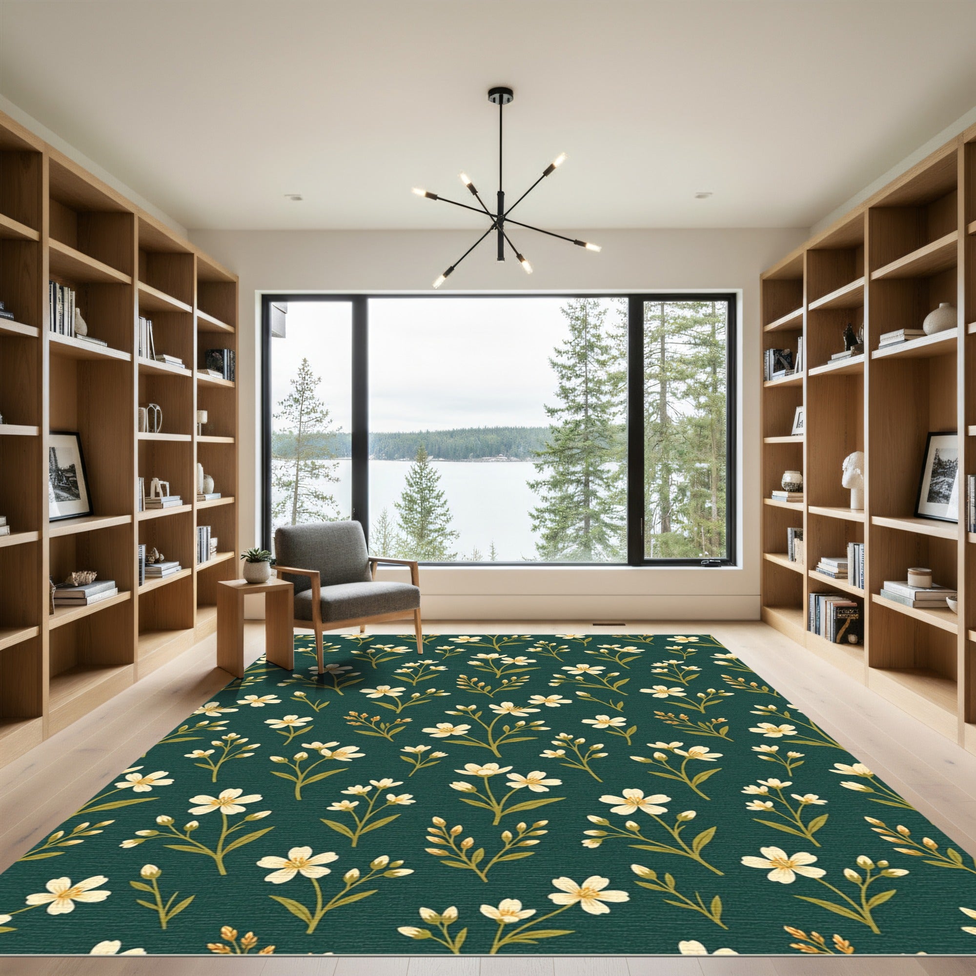Botanical Cream Blossom Deep Forest Rug