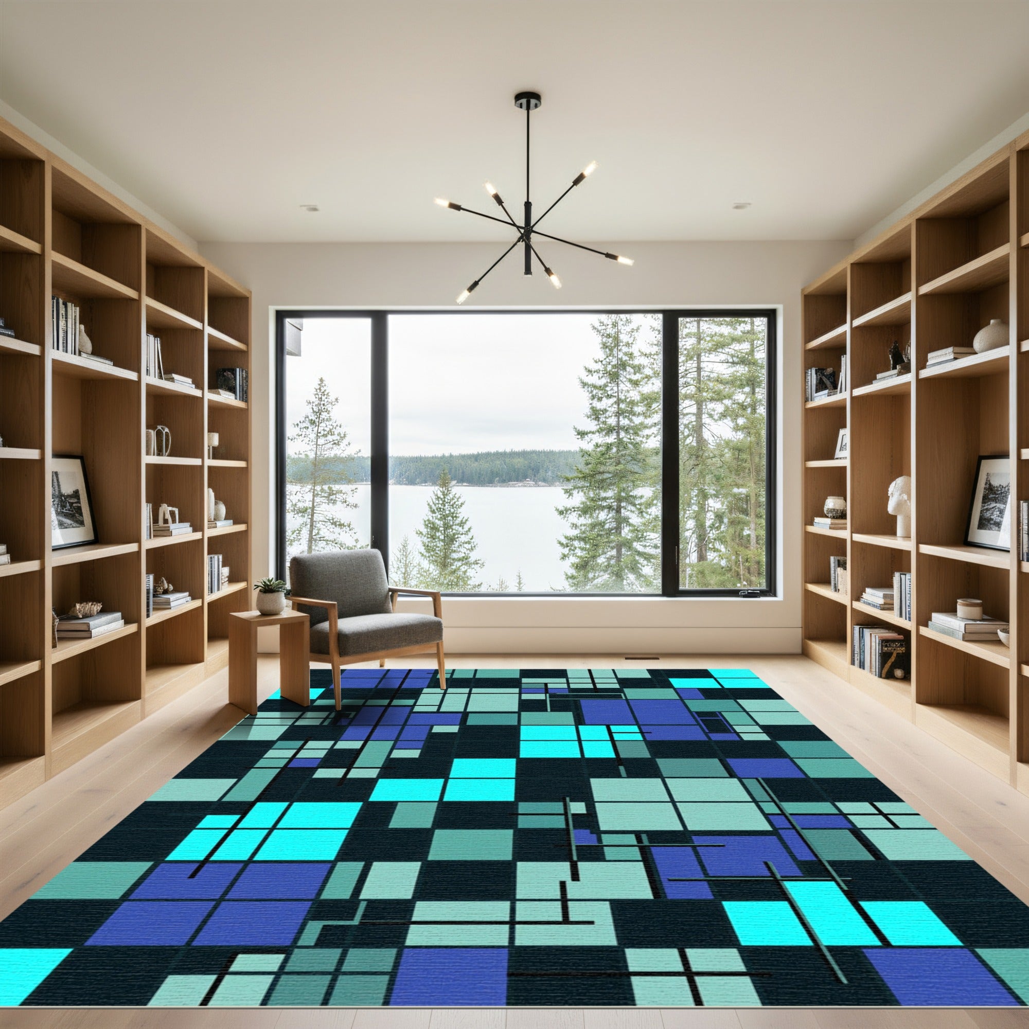Modern Teal and Navy Grid Block Rug