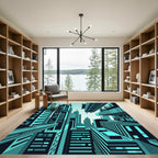 Futuristic Teal Geometric Skyscraper Skyline Rug