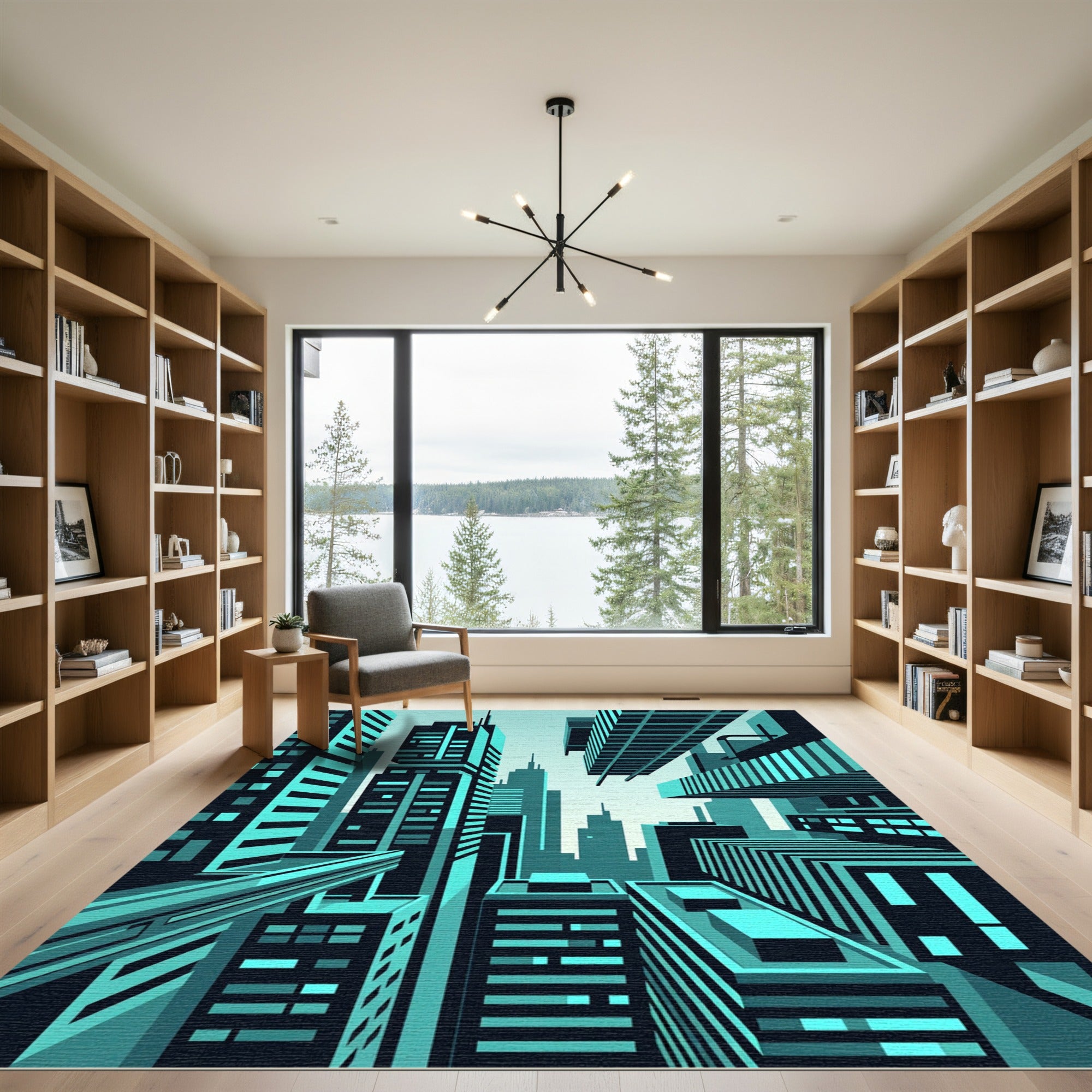 Futuristic Teal Geometric Skyscraper Skyline Rug