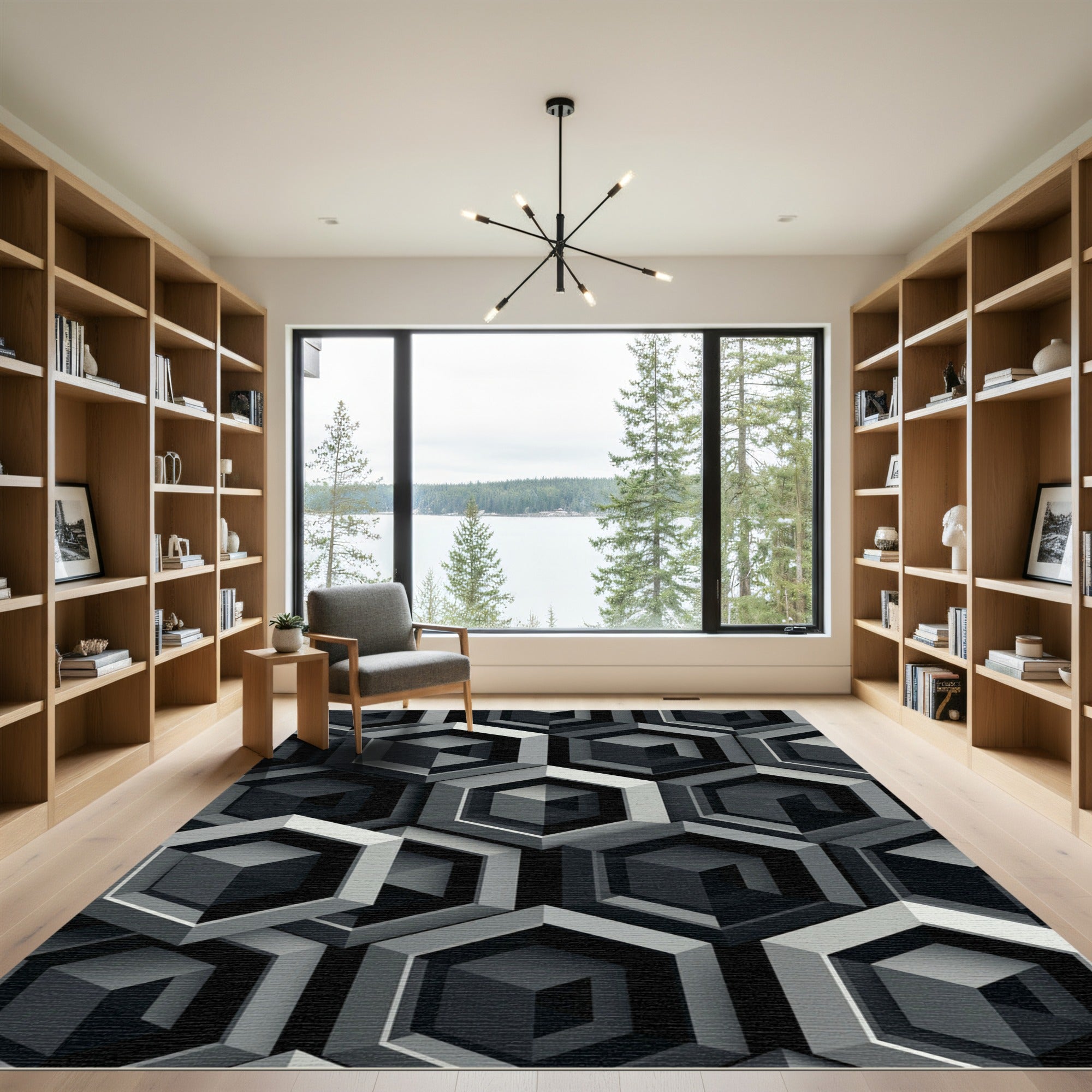 Monochrome Geometric Hexagon Illusion Rug