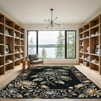 Golden Chrysanthemum Noir Botanical Illustration Rug