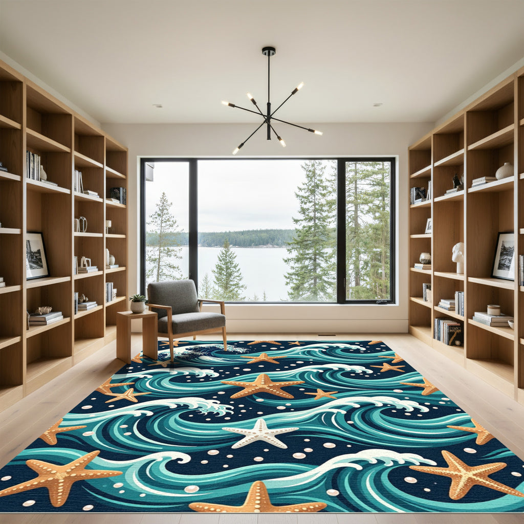 Oceanic Wave and Starfish Nautical Rug