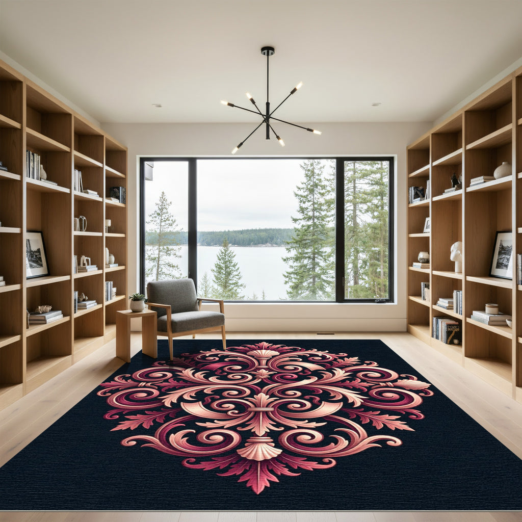 Ornate Crimson and Gold Scrollwork Arrangement Rug
