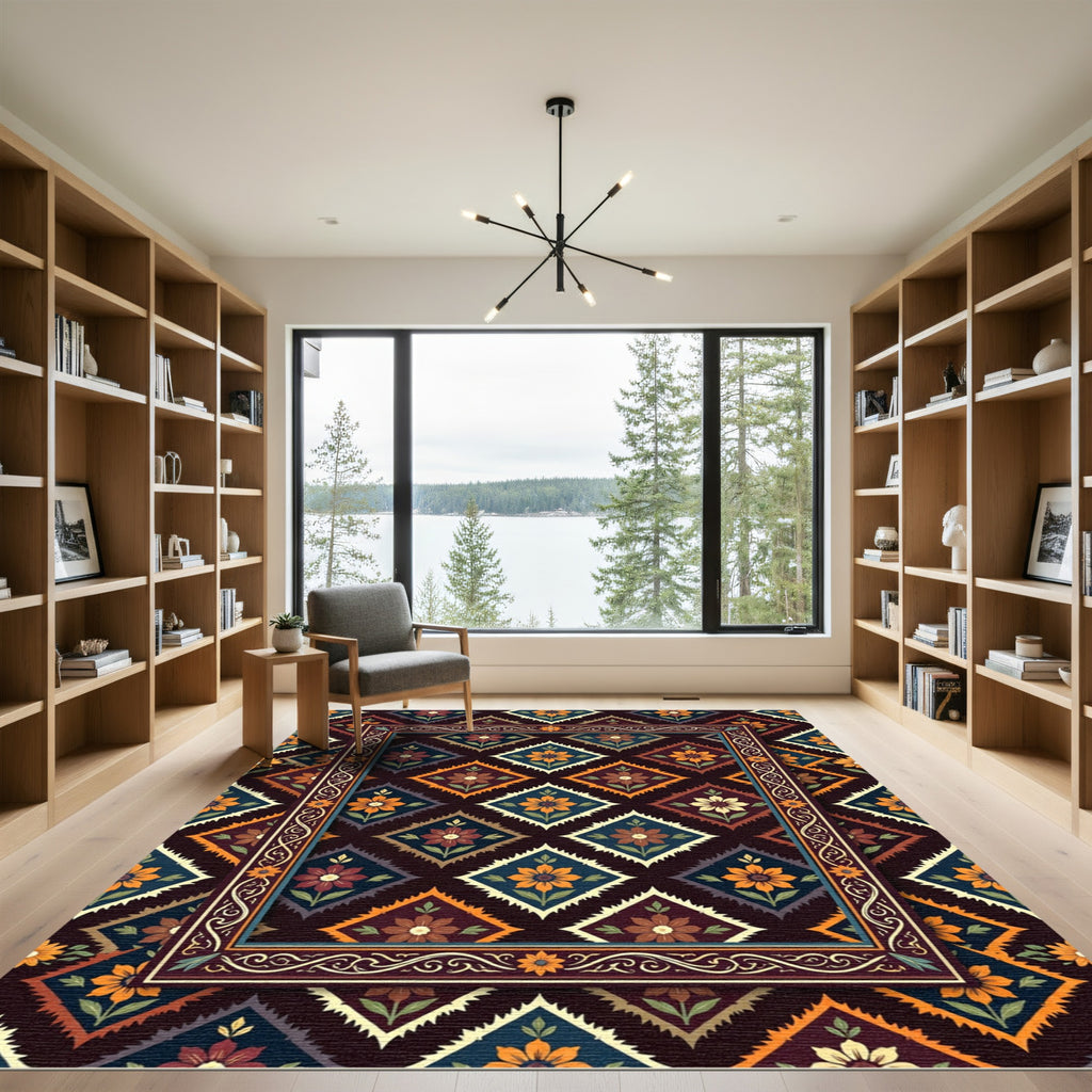 Earthy Floral Diamond Geometric Tapestry Rug