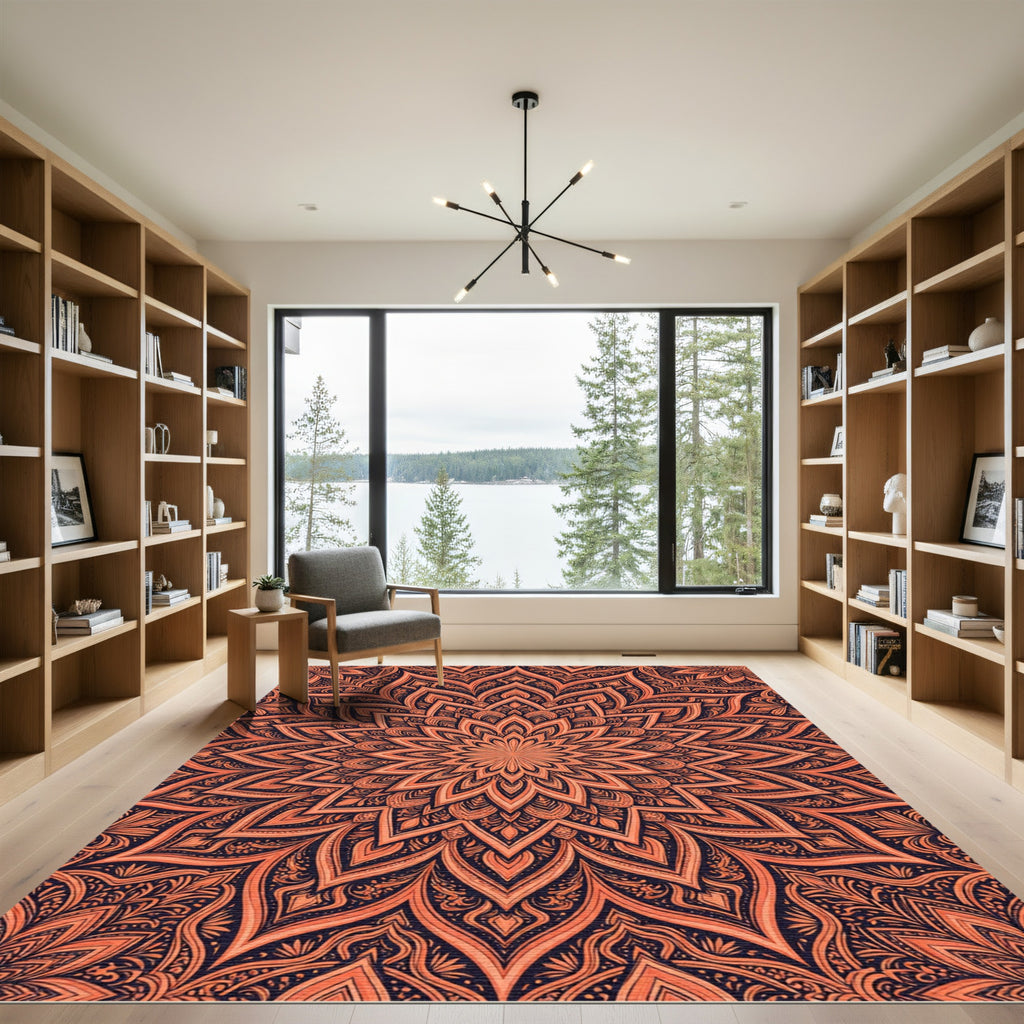 Orange Mandala Intricate Floral Bloom Rug
