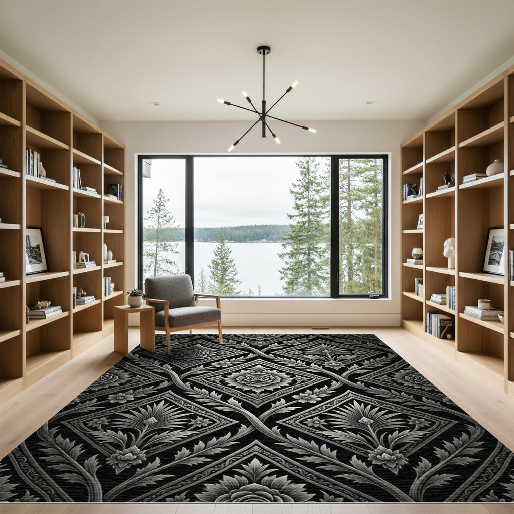 Classic Black White Floral Diamond Rug