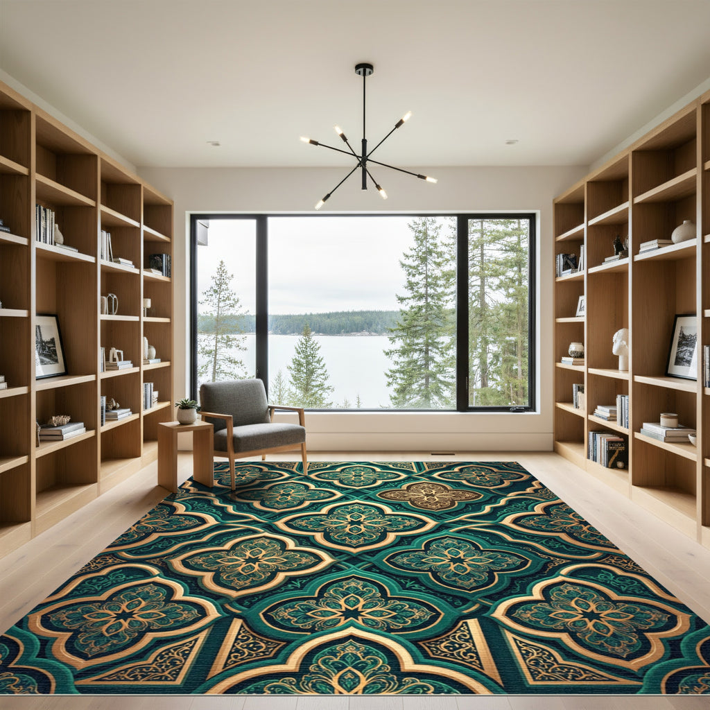Emerald Gold Ornate Quatrefoil Damask Rug