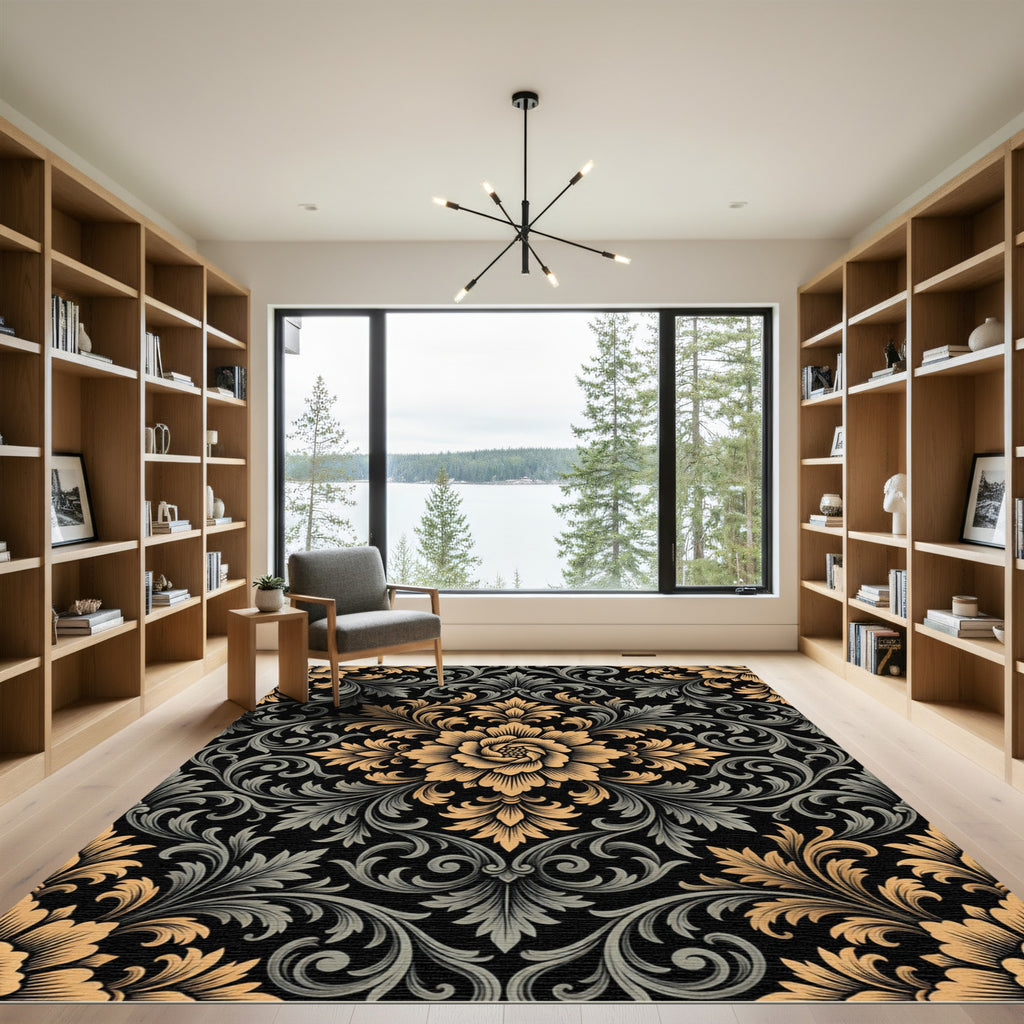 Gold and Slate Damask Floral Medallion Rug