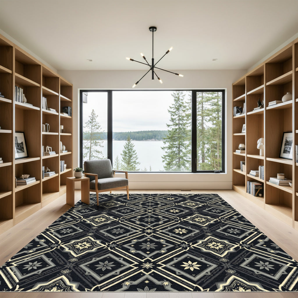 Elegant Dark Floral Medallion Diamond Rug