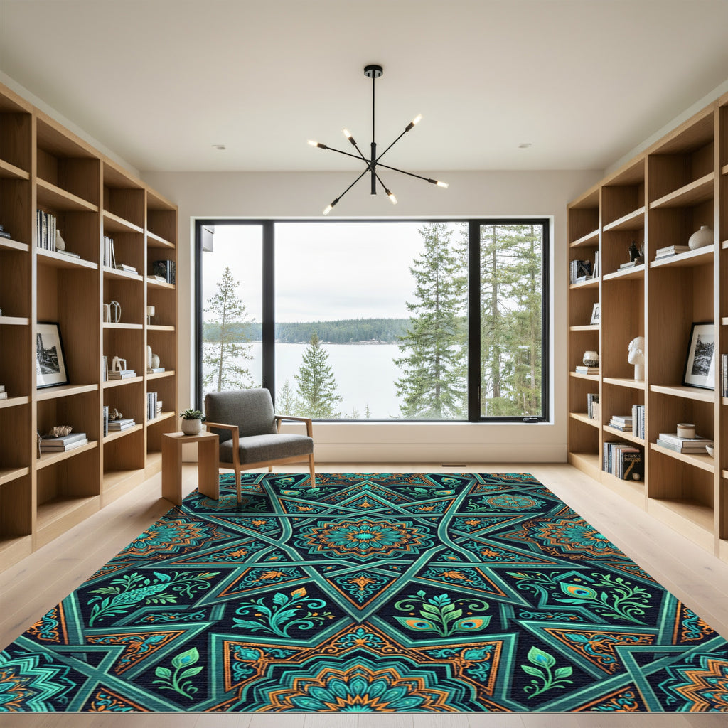 Teal and Gold Starry Mandala Rug