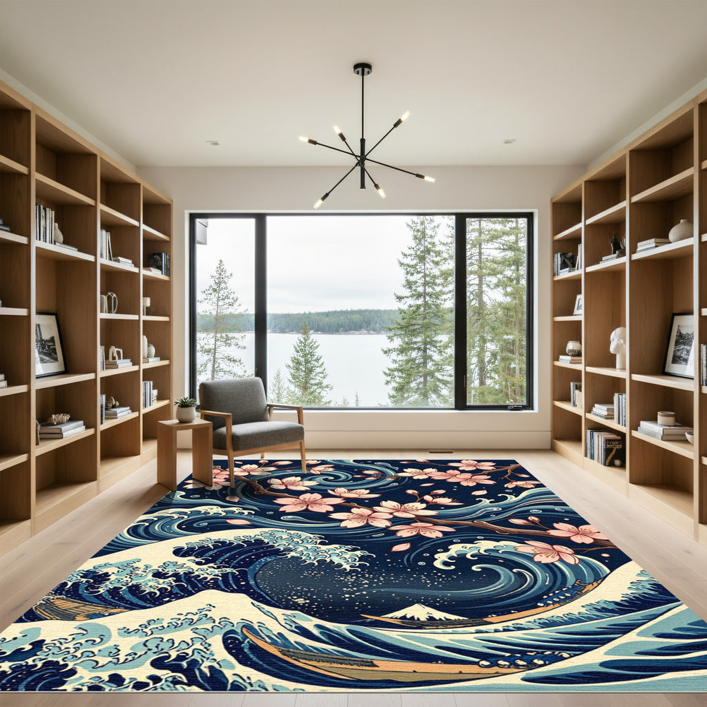Japanese Cherry Blossom Great Wave Art Rug