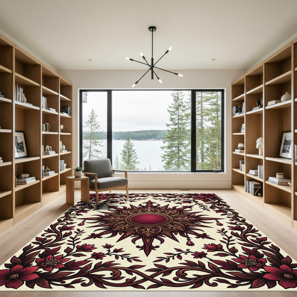 Ornate Crimson Floral Sun Medallion Rug