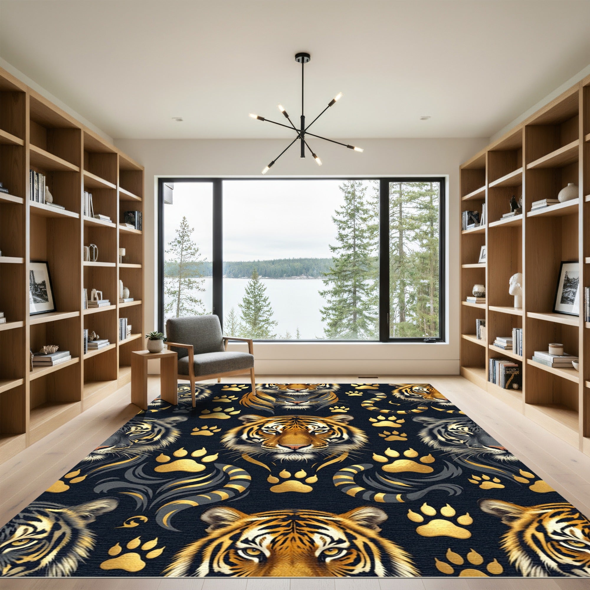 Golden Tiger Heads and Paw Tracks Rug