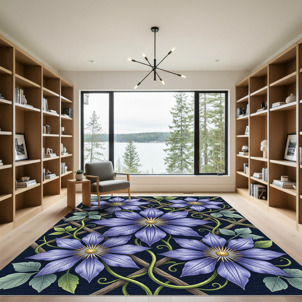Elegant Violet Clematis Lattice Floral Rug