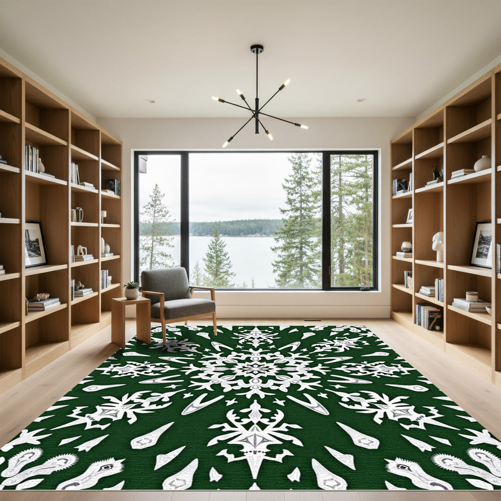 Green White Snowflake Mandala Rug