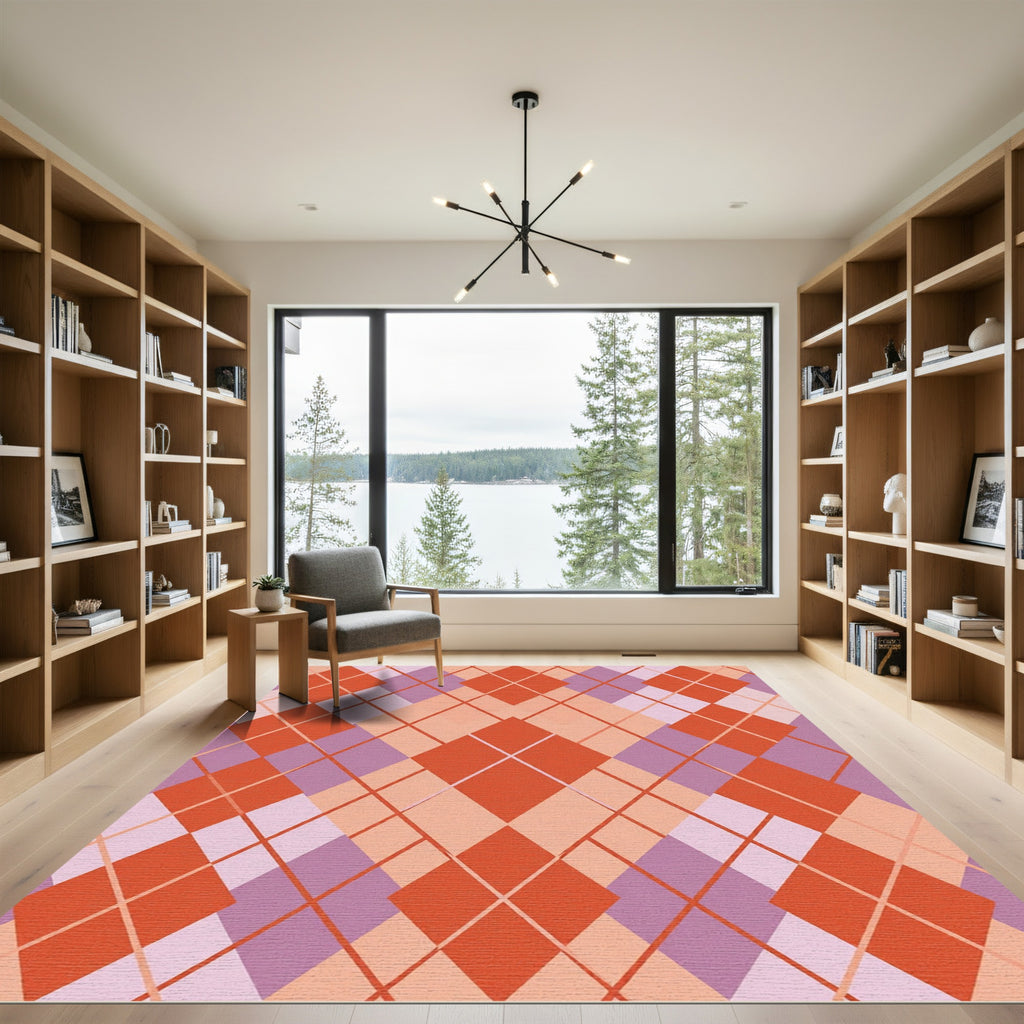 Coral Pink Argyle Diamond Lattice Rug