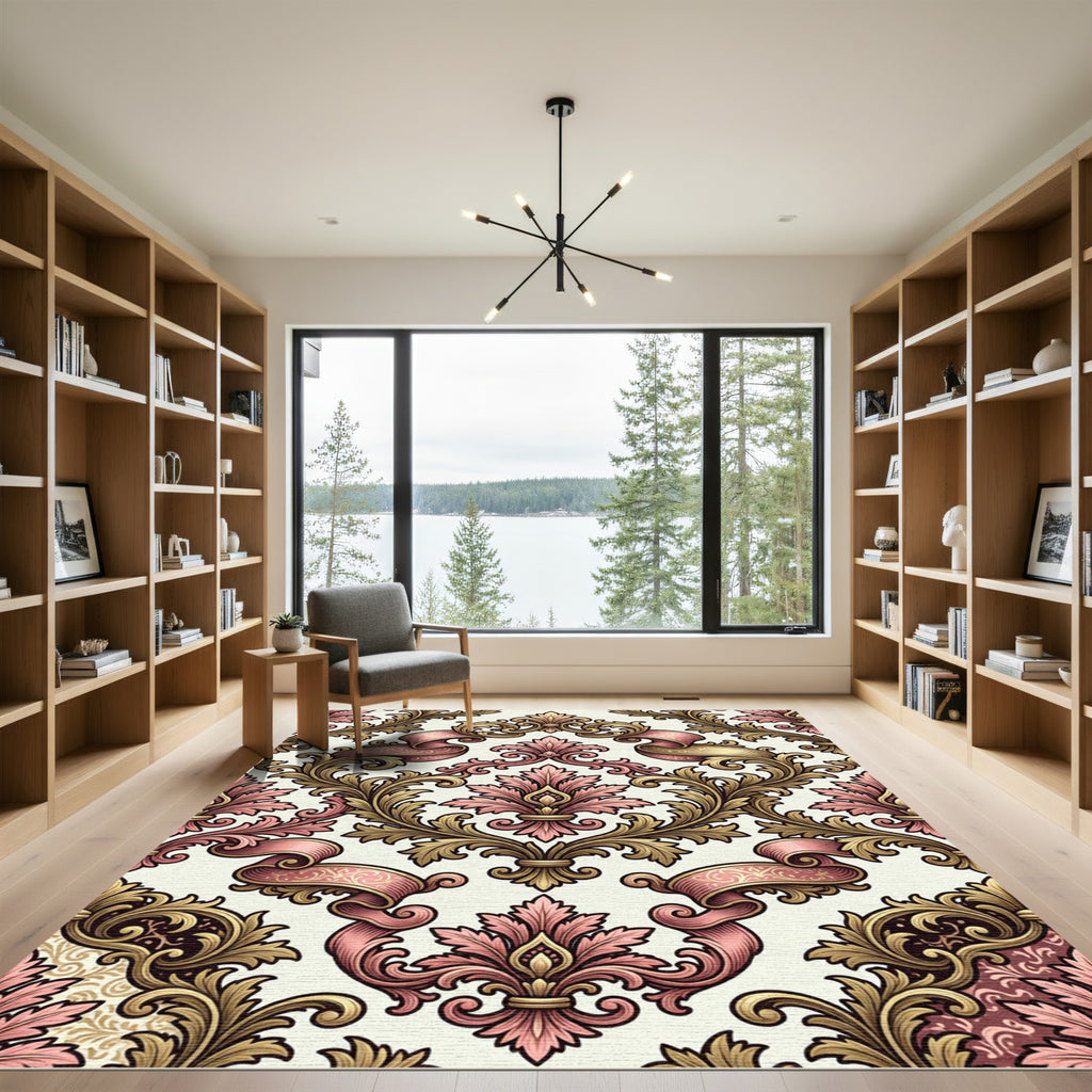 Elegant Pink and Gold Damask Scroll Rug