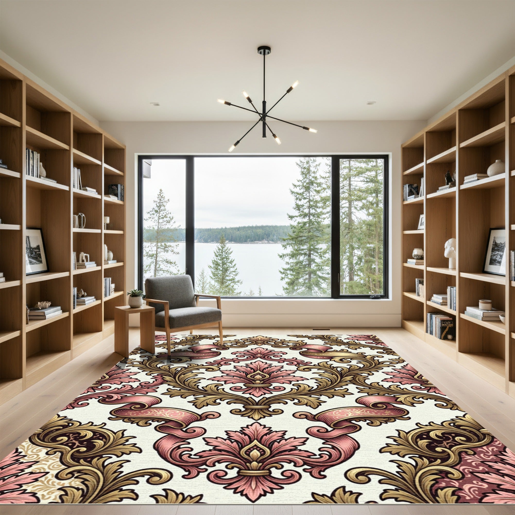 Elegant Pink and Gold Damask Scroll Rug