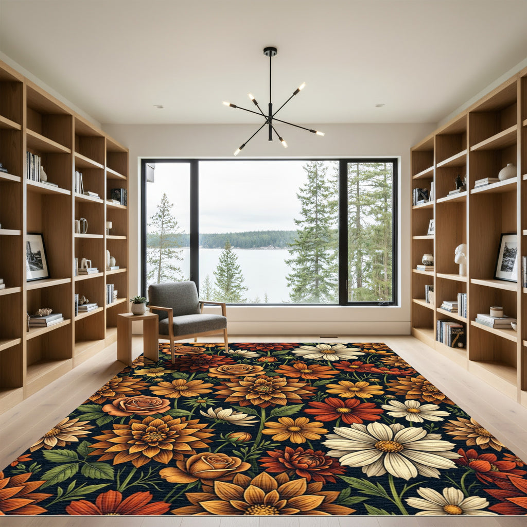 Autumnal Floral Dahlia and Daisy Meadow Rug