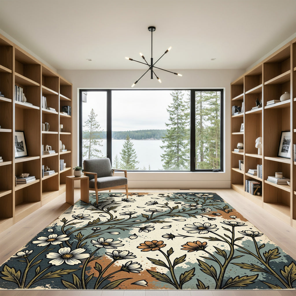Vintage Sage Wildflower Earthy Ink Illustration Rug
