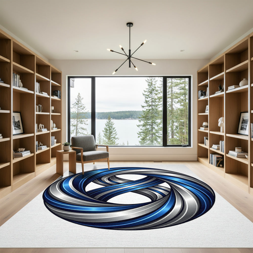Circular Blue and Silver Infinity Knot Rug