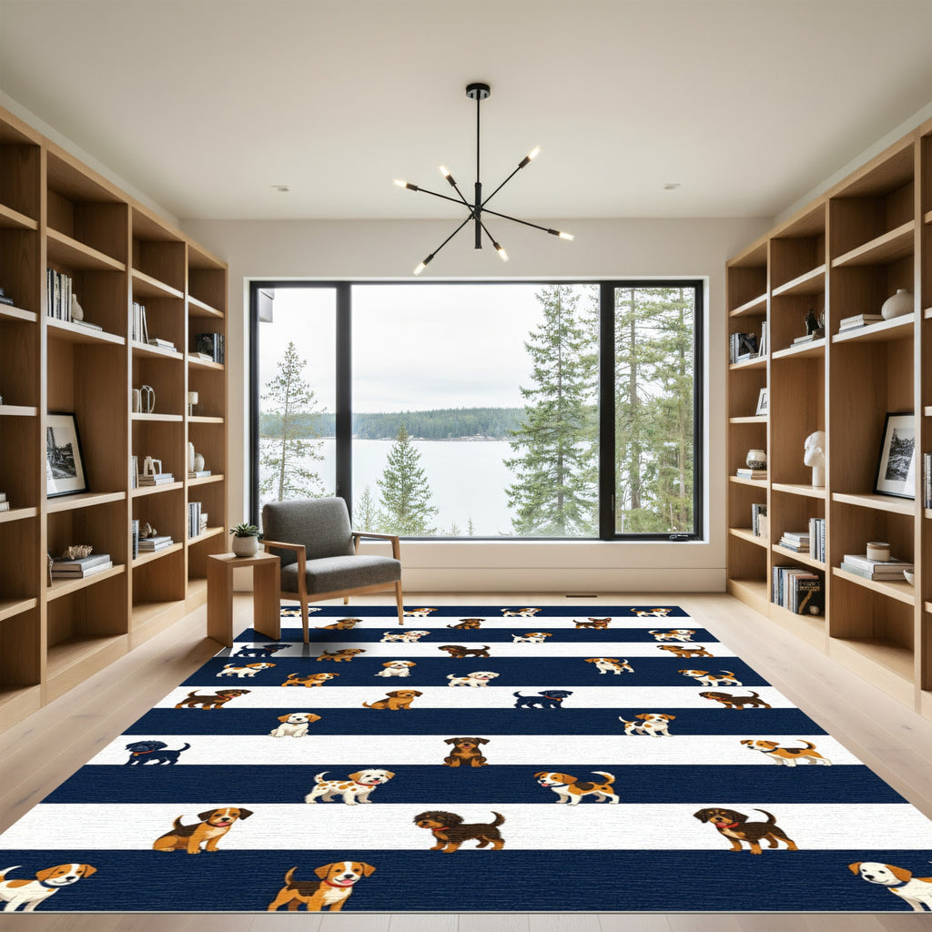 Playful Puppy Striped Navy Area Rug