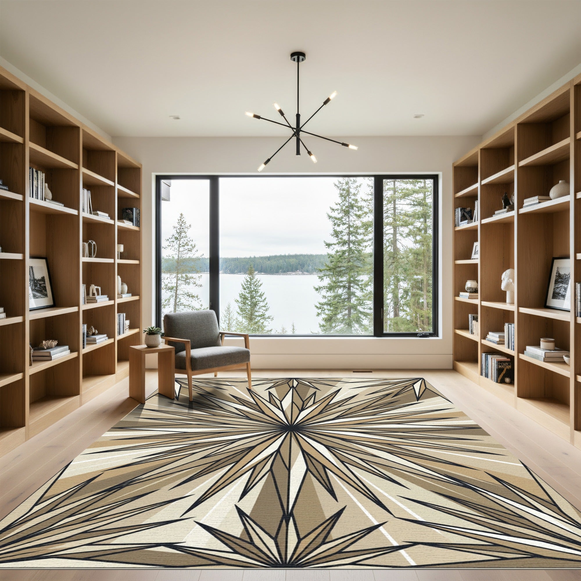 Midcentury Modern Golden Sunburst Geometric Rug