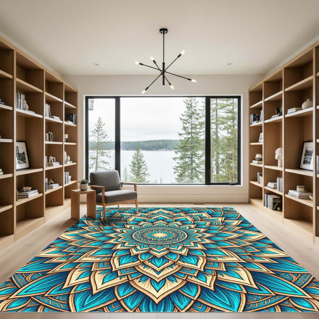 Teal and Gold Radiant Petal Mandala Rug