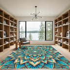Teal and Gold Radiant Petal Mandala Rug