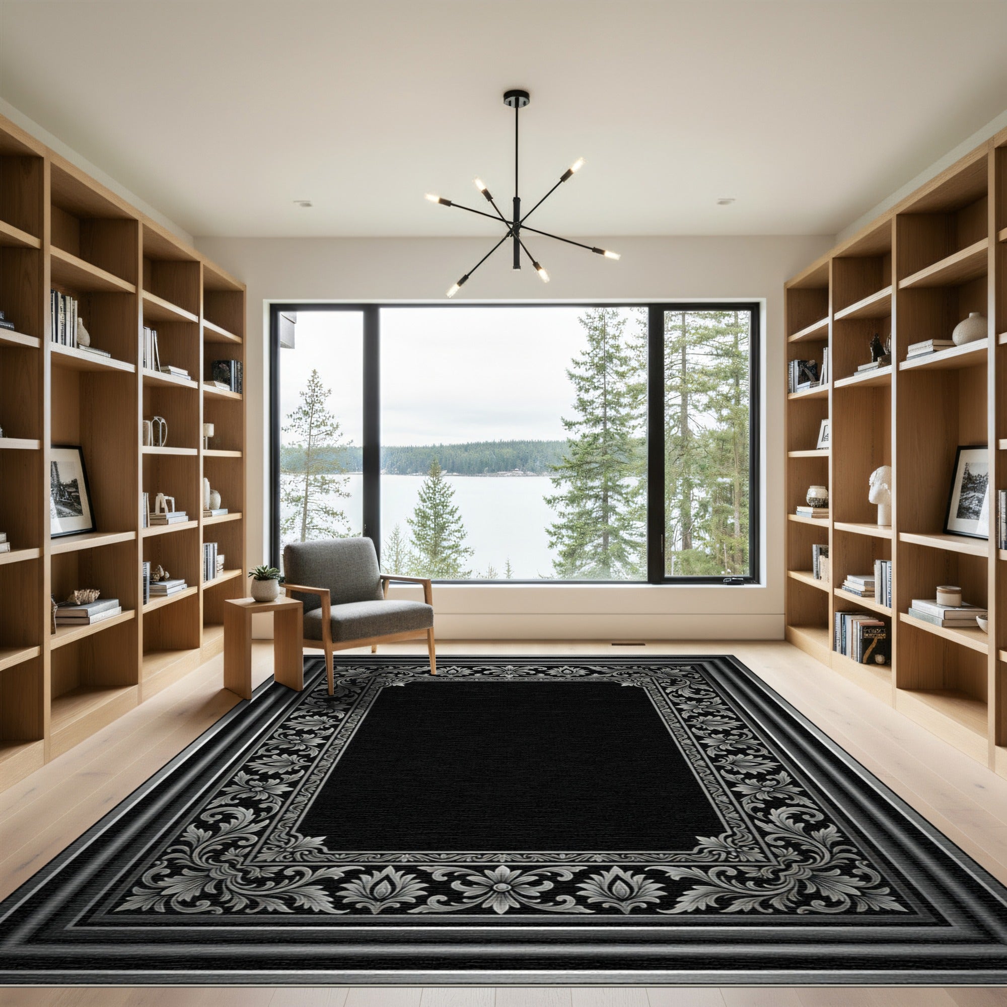Ornate Silver Floral Border Rug