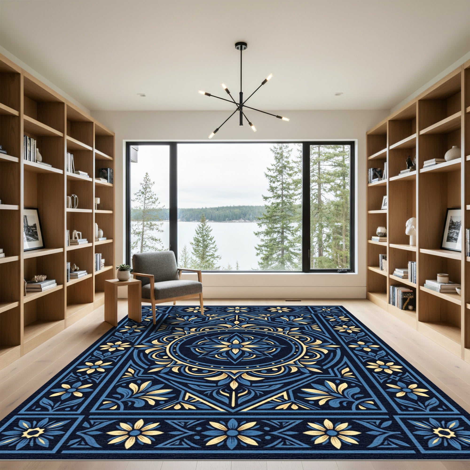 Navy Blue Golden Floral Mandala Rug