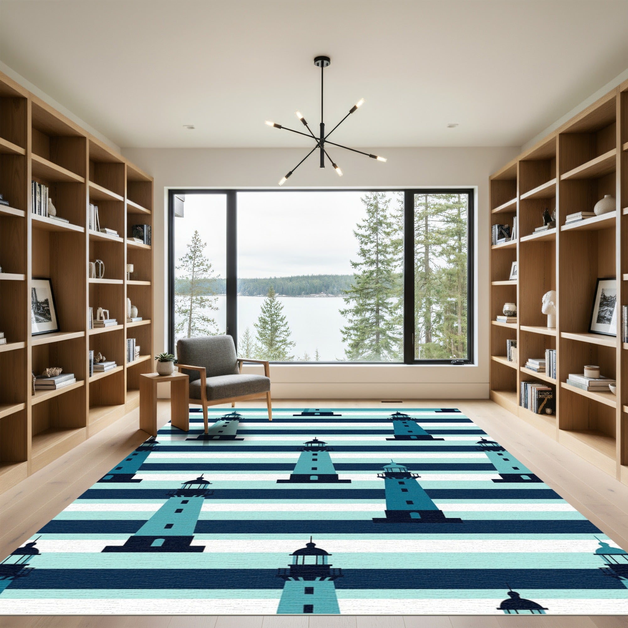 Coastal Nautical Lighthouse Blue Striped Rug