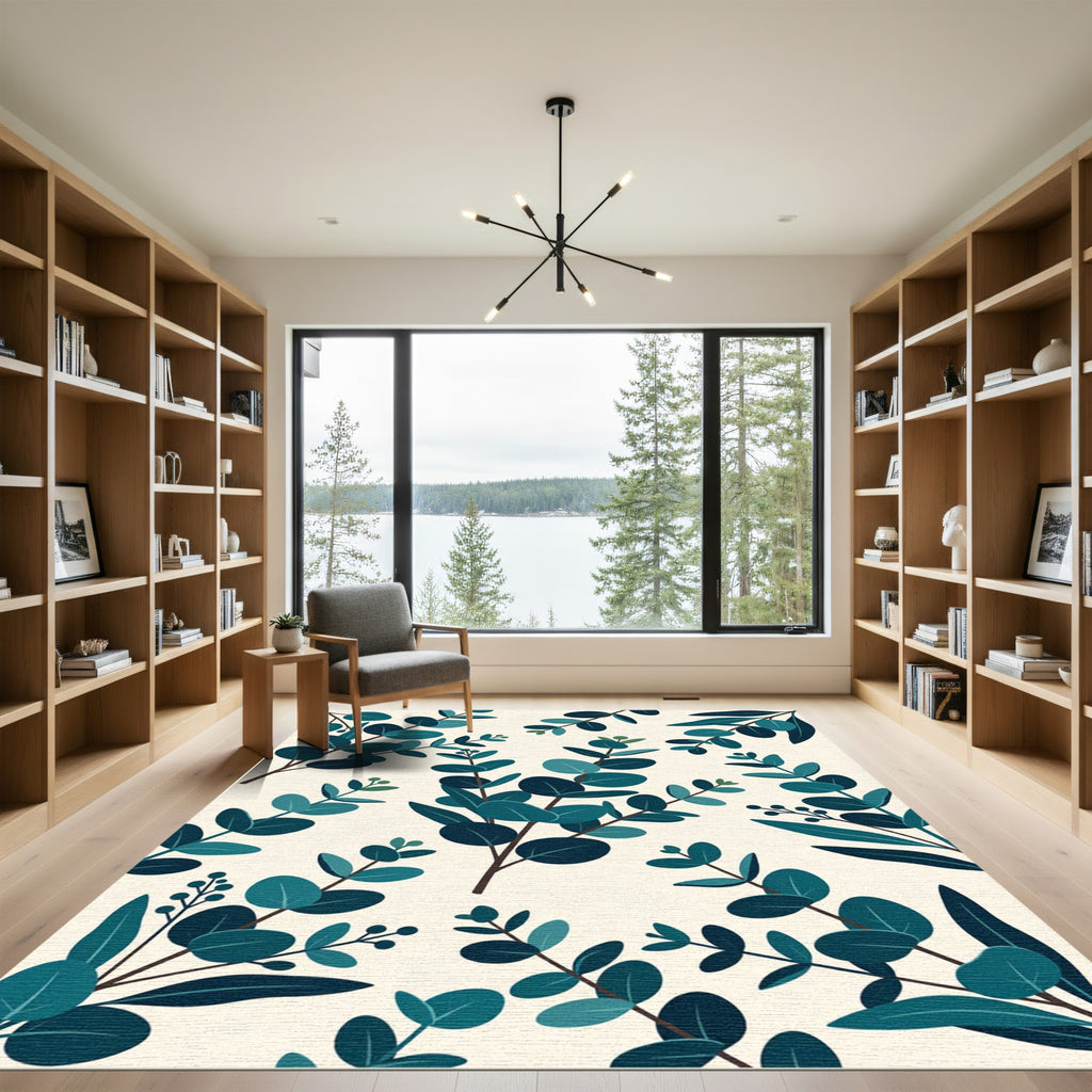 Lush Teal Eucalyptus Botanical Foliage Rug