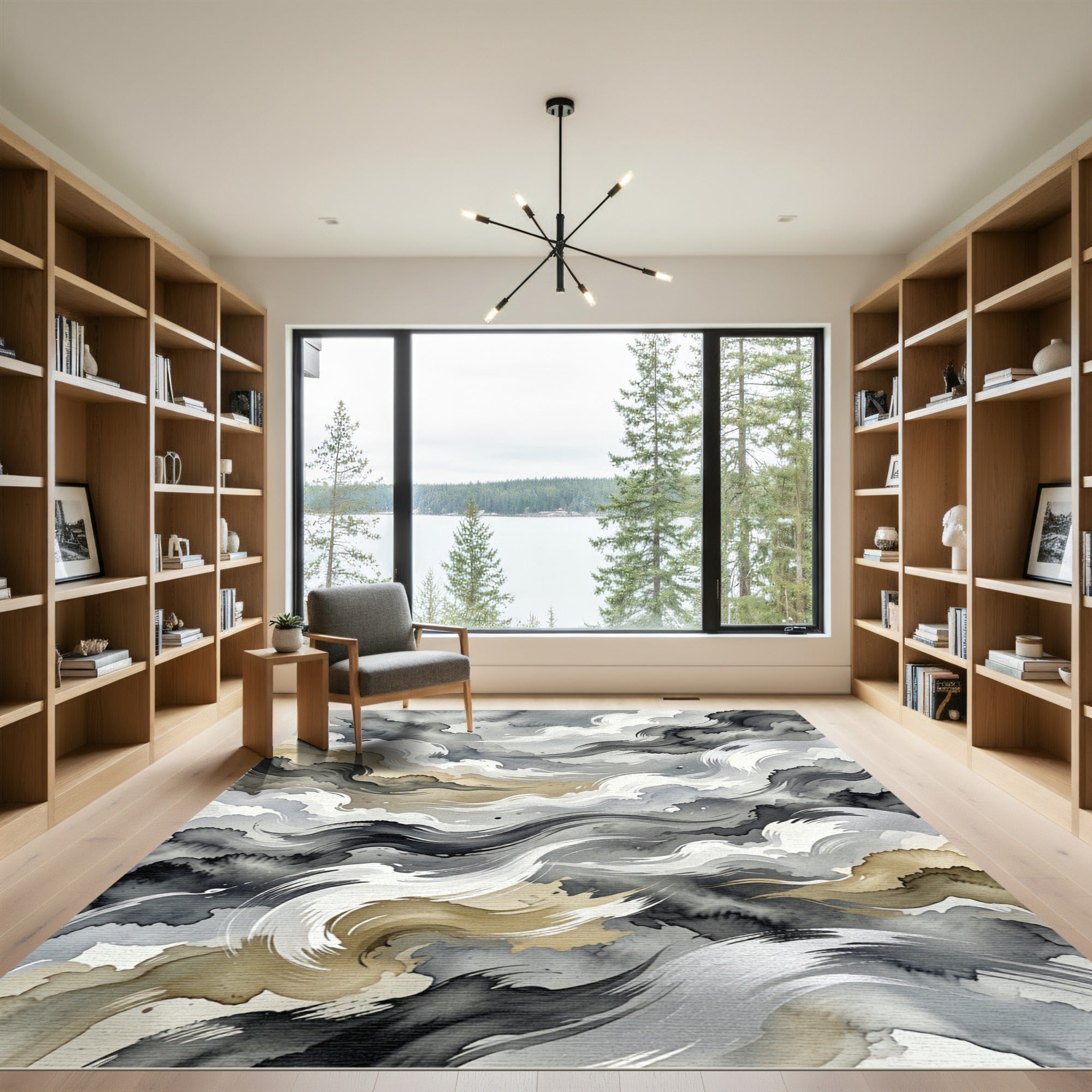 Abstract Monochrome Gold Ink Wave Rug
