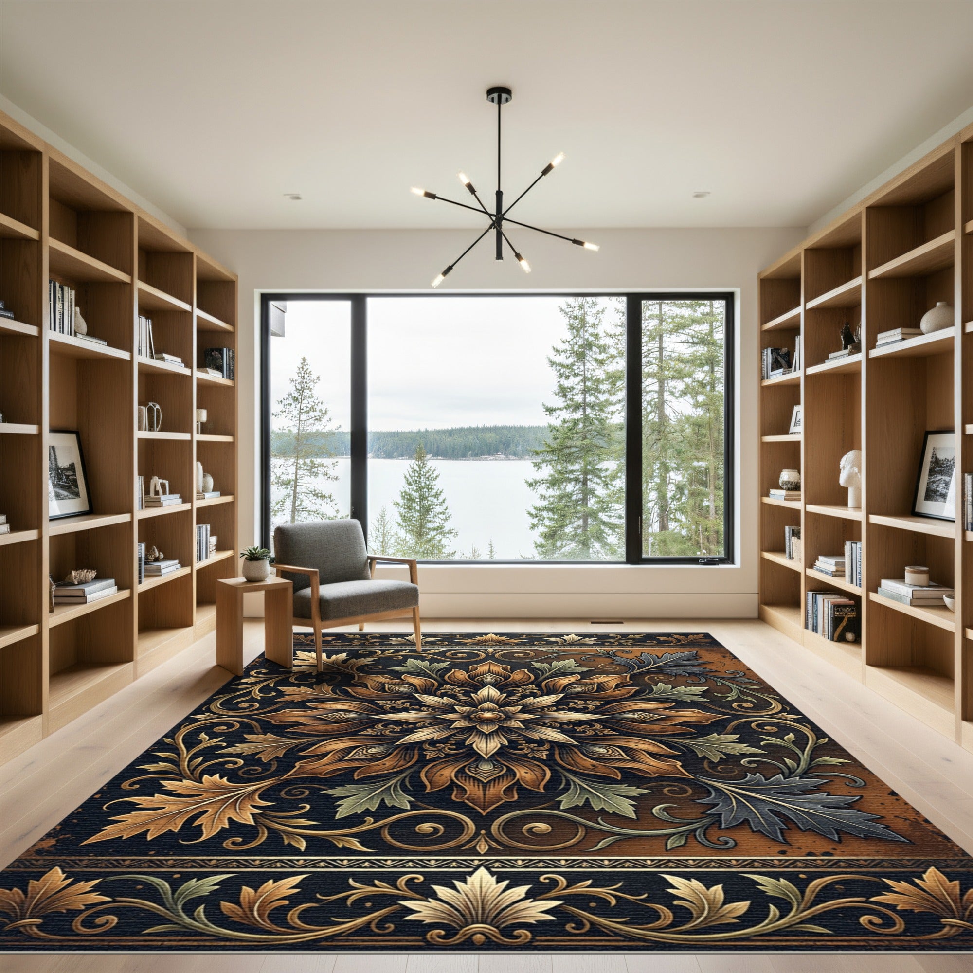 Ornate Bronze Floral Damask Medallion Rug