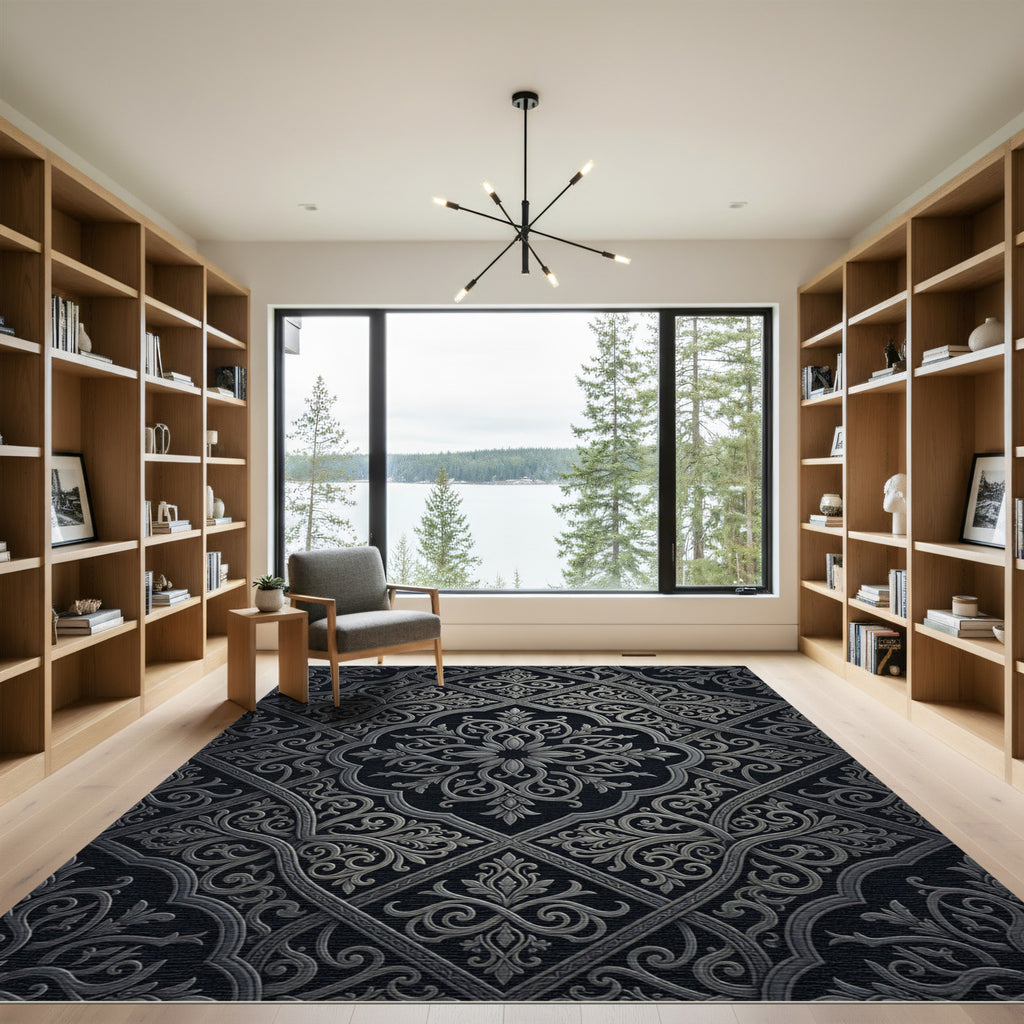 Ornate Gray Floral Medallion Lattice Rug