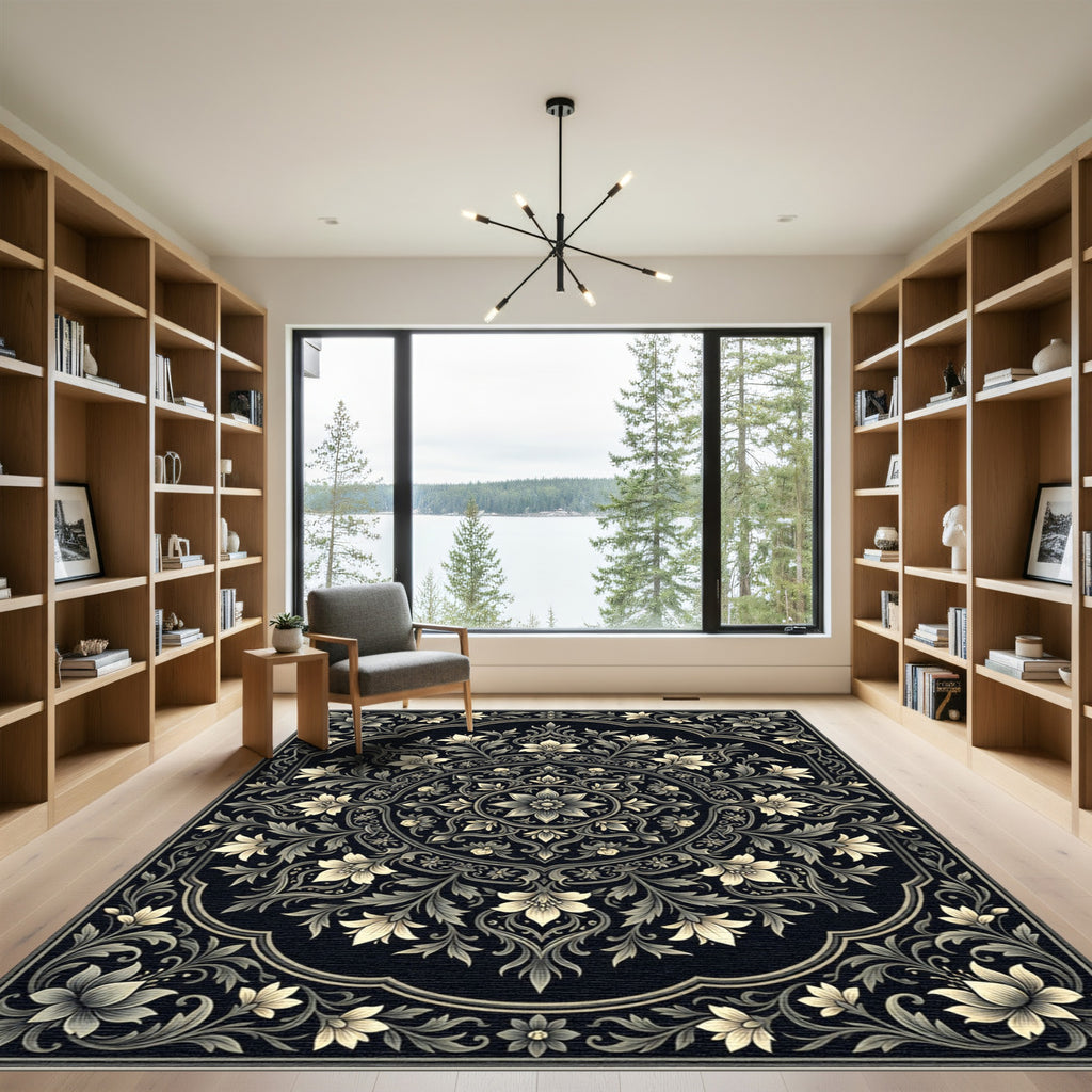 Cream Floral Scrollwork Black Rug