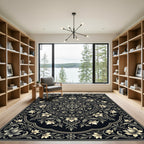 Cream Floral Scrollwork Black Rug