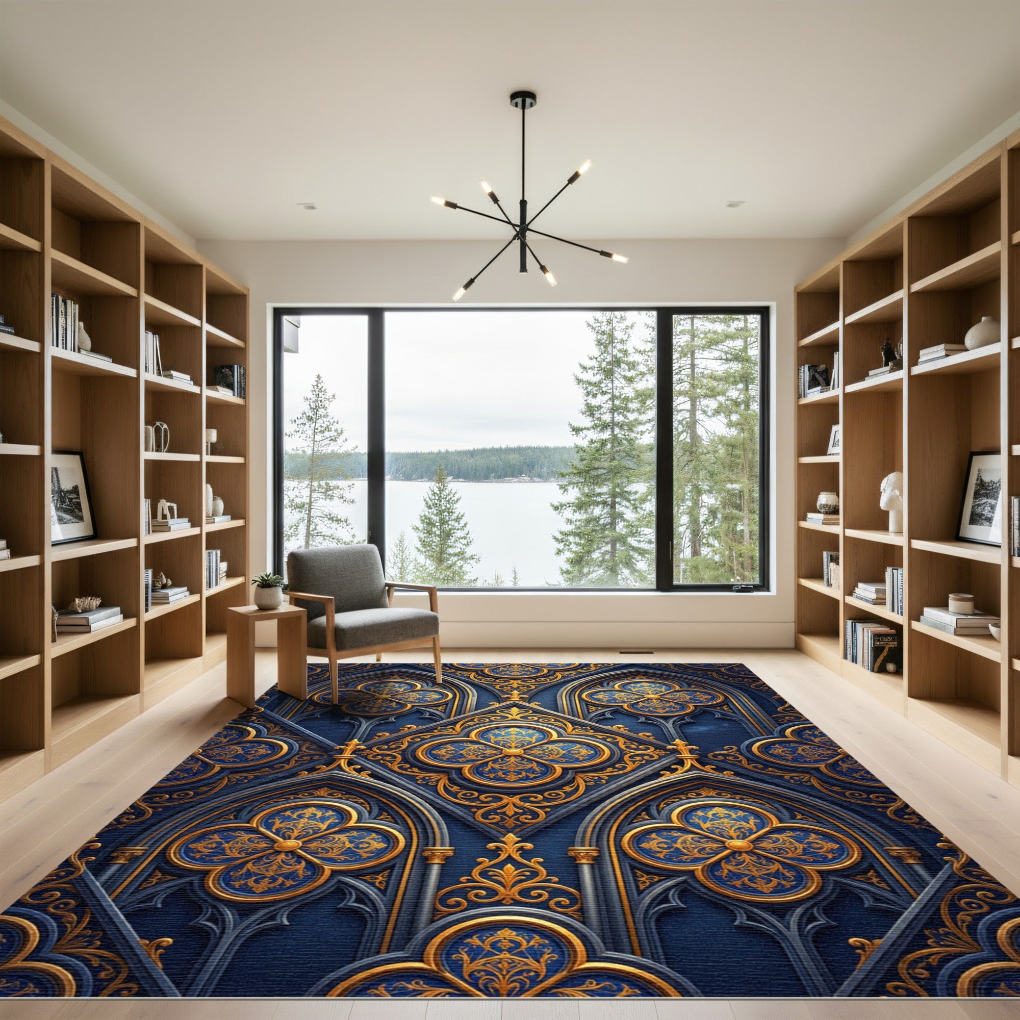 Gothic Navy Blue Gold Quatrefoil Ornate Rug