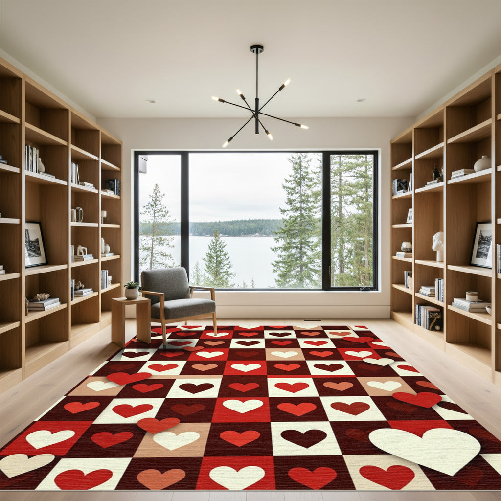 Red White Heart Checkerboard Contemporary Rug