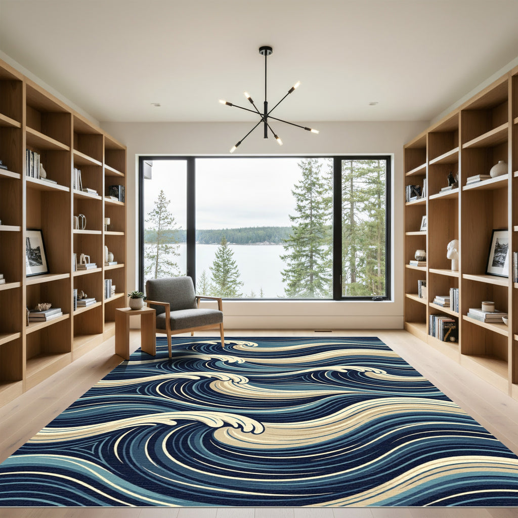 Deep Blue Swirling Wave Harmony Rug