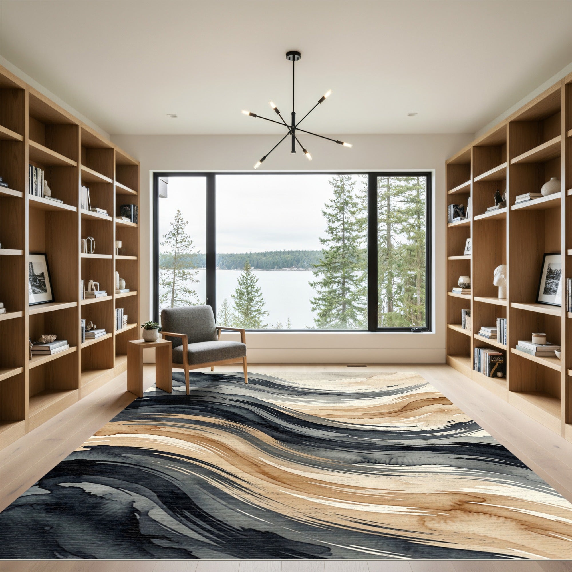 Fluid Abstract Charcoal and Umber Wave Rug