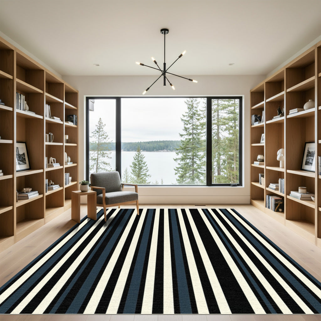 Minimalist Navy and Cream Vertical Stripe Rug